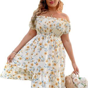 Women's Plus Size Flowy Floral Ruffle Off Shoulder Summer Dress